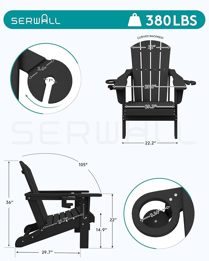 SERWALL Folding Adirondack Chair, Dual Cup Holders, Wood-Like Patio Chair for Backyard, Camping，Pool & Fire Pit- Black