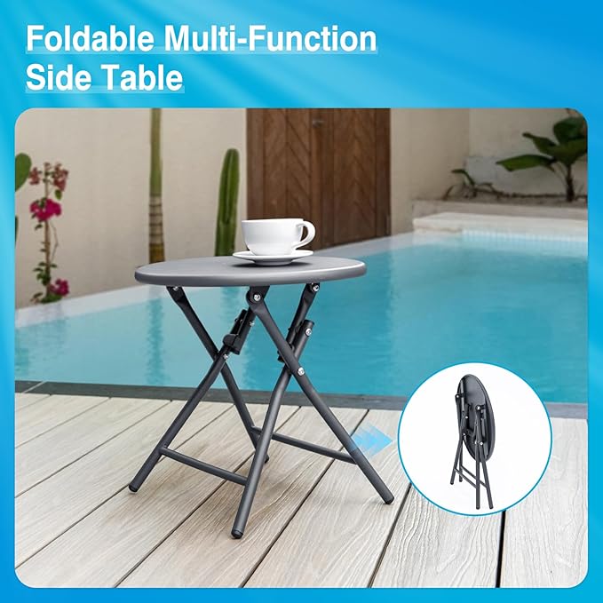 Aluminum Chaise Lounge Outdoor, Foldable & Assemble-Free Lounge Chair Outdoor 2 Sets with Foldable Table, Lounge Chair with 5 Adjustable Backrest, Poolside, Beach, Pool, Beige