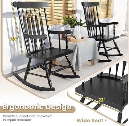 Giantex Outdoor Wood Rocking Chair - Patio Rocking Chair with Solid Rubber Wood Frame, Slat Back, Outside & Indoor Rocker for Garden, Poolside, Balcony, Backyard, Lawn, Front Porch Rocker, Black