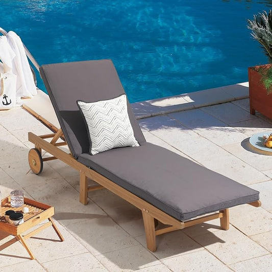 Patiorama Patio Acacia Wood Chaise Lounge, Outdoor Folding Lounge Chair Recliner w/Adjustable Backrest, Wheels, Padded Cushion, Portable Sun Lounger Pool Chair for Deck, Lawn, FSC Certified, Dark Grey