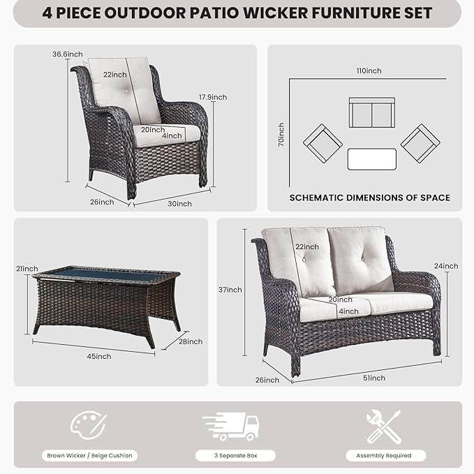 Belord Wicker Furniture 4 Pieces Outdoor Patio Furniture Set Patio Loveseat Sofa Set with Wicker Chairs and Coffee Table - Photo 2