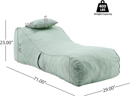 Merax Outdoor Bean Bag Chairs with Headrest, 71" L Large Lounger Chair for Adults Bean Bag Bed with Foam Filled for Patio Pool Balcony & Desk, Beige Fabric Outside Beanbag Chair, Mint