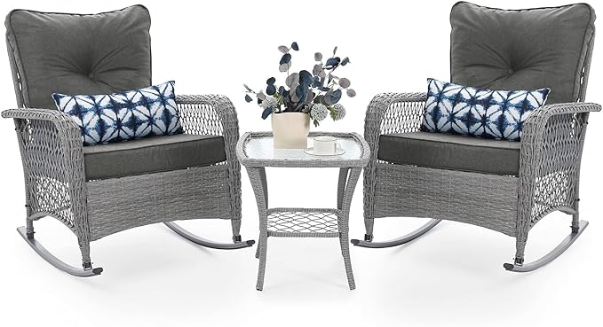 UDPATIO 3 Piece Patio Furniture Set, Wicker Rocking Bistro Set with 2 Rockers, 1 Side Table and 4‘’ Thick Cushions for Backyard, Porch, Balcony, Poolside, Porch, Balcony, Poolside, Grey