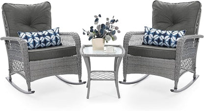 UDPATIO 3 Piece Patio Furniture Set, Wicker Rocking Bistro Set with 2 Rockers, 1 Side Table and 4‘’ Thick Cushions for Backyard, Porch, Balcony, Poolside, Porch, Balcony, Poolside, Grey