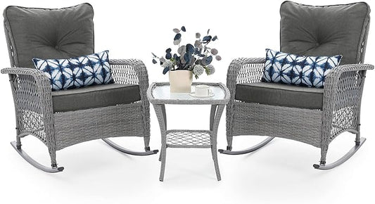 UDPATIO 3 Piece Patio Furniture Set, Wicker Rocking Bistro Set with 2 Rockers, 1 Side Table and 4‘’ Thick Cushions for Backyard, Porch, Balcony, Poolside, Porch, Balcony, Poolside, Grey