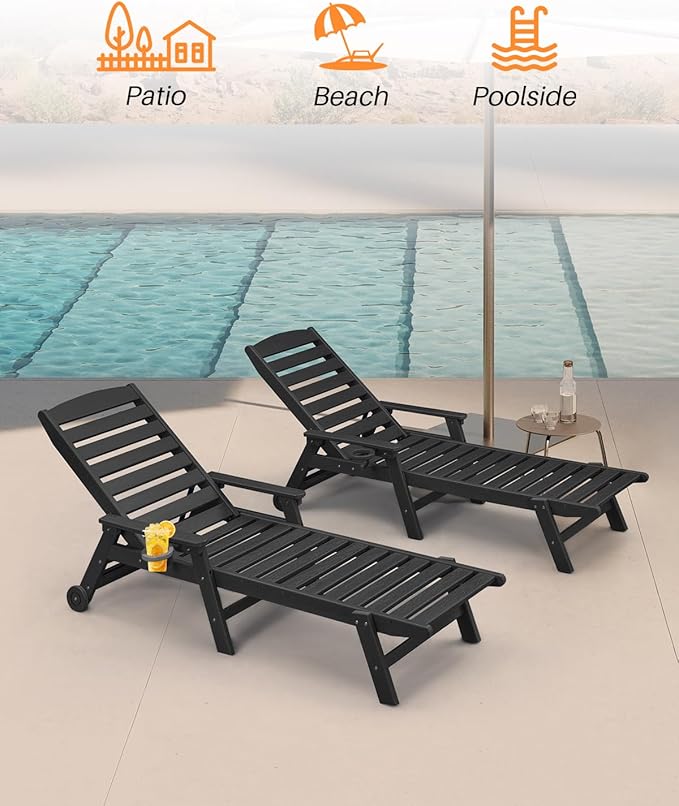 HDPE Outdoor Chaise Lounge, 78.4'' Poly Lounge Chair with Rolling Wheels & Cup Holder, 5 Positions Adjustable Outdoor Lounger, HDPE Patio Chaise Lounge Chair for Pool, Backyard, Obsidian
