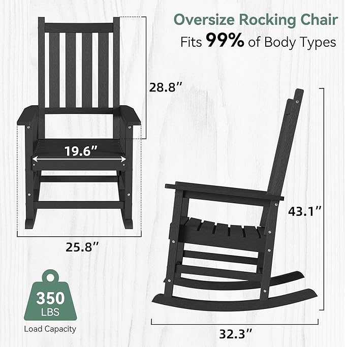 HDPE Outdoor Rocking Chair, Oversized Rocking Chairs with Widened Seats & High Backs, Weather & Fade Resistant Porch Rockers for Patio, Deck & Porch - Black