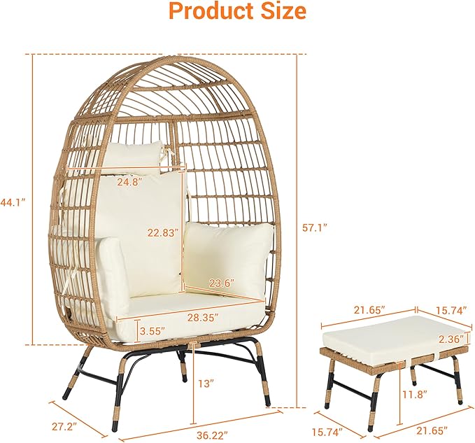 Oversized Wicker Egg Chair with Ottoman, Rattan Patio Egg Chair with Stand and Thick Cushions, Indoor Outdoor Lounge Chair for Backyard, Balcony, Living Room, Beige＋Ottoman