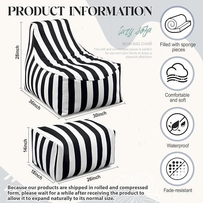 Outdoor Bean Bag Chair with Ottoman, Large Patio Lounge Chair for Adults, Thick Filled Lounger for Pool, Deck - Photo 3