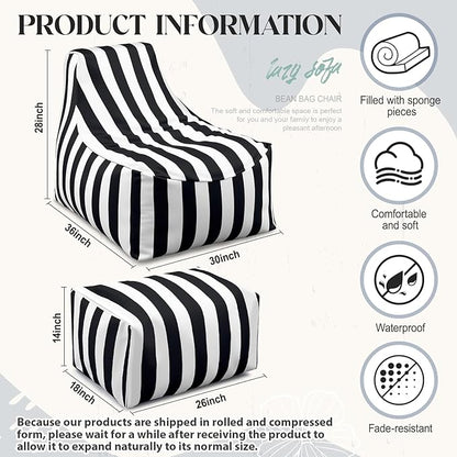 Outdoor Bean Bag Chair with Ottoman, Large Patio Lounge Chair for Adults, Thick Filled Lounger for Pool, Deck, Backyard Relaxation Seating(Black,White Stripes)