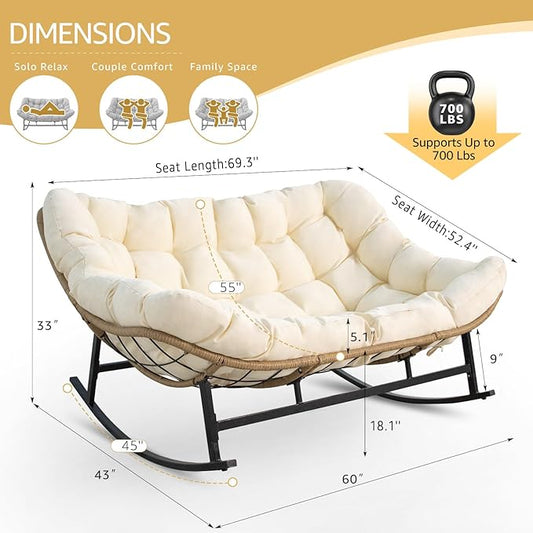 NICESOUL Outdoor Double Egg Rocking Chair, Oversized 2 Person Wide Papasan Rocker, Comfy Padded Recliner Loveseat, 700 lbs Heavy Duty Glider Lounge Chair with Cushion for Outside Backyard Porch, Beige