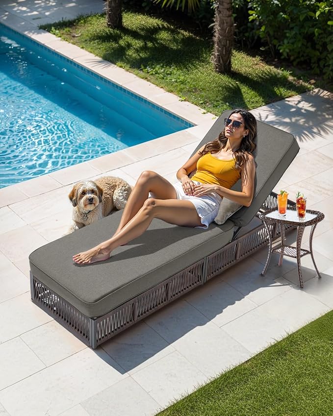 Luxury Outdoor Chaise Lounges with 5 Inch Thickened Cushions - Set of 2 High Back Brown Wicker Patio Recliners Rattan - Photo 2