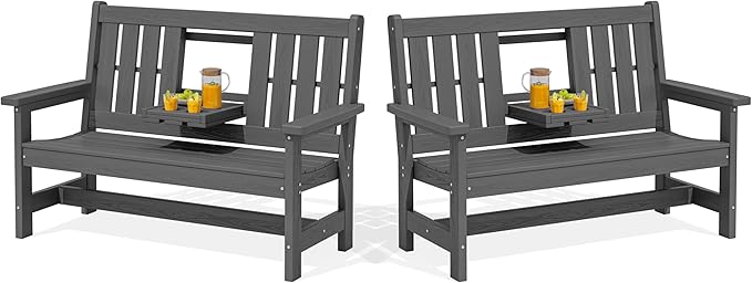 SERWALL Outdoor Bench with Cup Holder, 58" HDPE Garden Park Bench Suitable for 3 Person, All Weather Patio Benches with High Backrest and Wide Armrests for Garden, Park, Yard, Front Porch, Grey