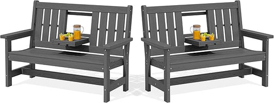 SERWALL Outdoor Bench with Cup Holder, 58" HDPE Garden Park Bench Suitable for 3 Person, All Weather Patio Benches with High Backrest and Wide Armrests for Garden, Park, Yard, Front Porch, Grey
