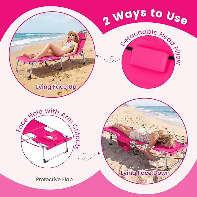 COSTWAY Tanning Chair with Face Hole, Folding Sun Bathing Lounge Chair with Armrest, Side Pocket & Protective Flap - Photo 5