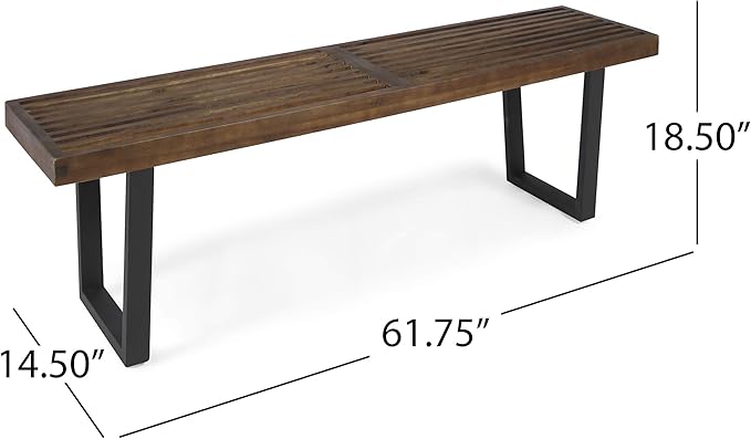 Patio Dining Bench with Iron Legs Modern Backless 3-Seater Outdoor Acacia Wood Chair Weather Resistant Garden Dining Chair Comfortable Seating Brown Black