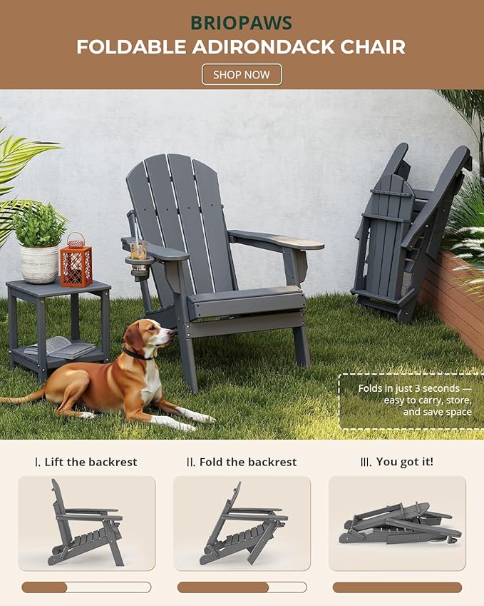 BRIOPAWS Folding-Adirondack-Chair | HDPE | Fire Pit Chairs | Cup Holder | Weather Resistance | Grey | for Outdoor Backyard Deck Patio