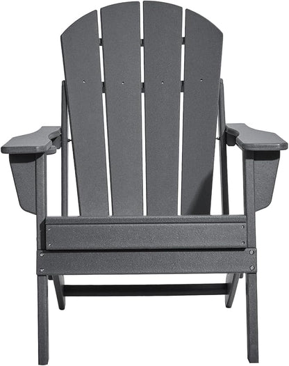 VEVOR Folding Adirondack Chairs Set of 2 with Cup Holder, All-Weather Portable Plastic Fire Pit Chair, Outdoor Adirondack Patio Chair, with Relaxing Arm Rest Ergonomic, for Garden, Backyard, Gray