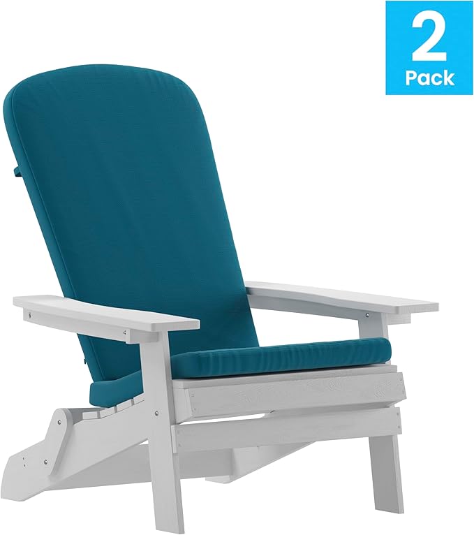 Flash Furniture Charlestown Folding Adirondack Chairs Poly Resin Frame-All-Weather Cushions-Indoor/Outdoor Use, Set of 2, White/Teal