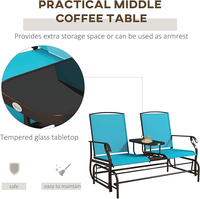 GOWE Outdoor Glider Bench with Center Table, Metal Frame Patio Loveseat with Breathable Mesh Fabric and Armrests for Backyard Garden Porch, Blue