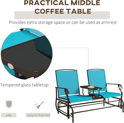 GOWE Outdoor Glider Bench with Center Table, Metal Frame Patio Loveseat with Breathable Mesh Fabric and Armrests for Backyard Garden Porch, Blue