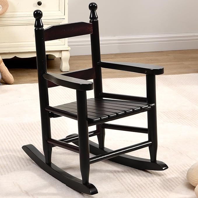 Toddler Rocking Chair for Kids Age 2-5, Hardwood Porch Rocker with Back Support & Armrest for Small Spaces Living Room Outdoor Garden, Easy Assembly (Espresso)