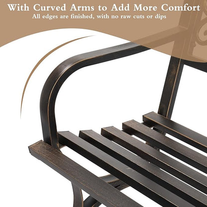 50in Bronze Iron Bench,Outdoor Garden Bench, Cast Iron Metal Frame Patio Park Bench with Butterfly Pattern Backrest, Arch Legs for Porch, Lawn, Yard