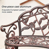 39" Outdoor Bench, Cast Aluminum Metal Garden Bench with Floral Rose Accent & Antique Finish(Brown) - Photo 6
