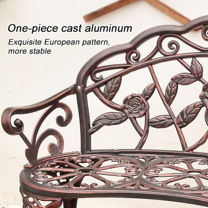 39" Outdoor Bench, Cast Aluminum Metal Garden Bench with Floral Rose Accent & Antique Finish(Green)