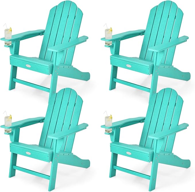 Tangkula Adirondack Chair Outdoor, Fade Resistant HDPE Armchairs with Cup Holder, Weather Resistant Lounger Chairs for Patio Garden Backyard Deck, Lawn Porch Seating, Adirondack Lounger (4, Turquoise)