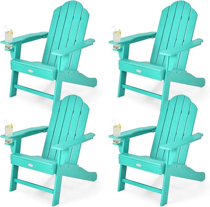 Tangkula Adirondack Chair Outdoor, Fade Resistant HDPE Armchairs with Cup Holder, Weather Resistant Lounger Chairs for Patio Garden Backyard Deck, Lawn Porch Seating, Adirondack Lounger (4, Turquoise)