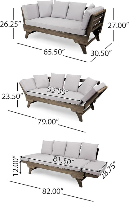 Christopher Knight Home Gary Patio Convertible Couch, Wooden Outdoor Daybed, 3-Seater Acacia Wood Patio Furniture Lounge Sofa for Backyard/Poolside/Garden, Back Pillow+Removable Cushion, Grey