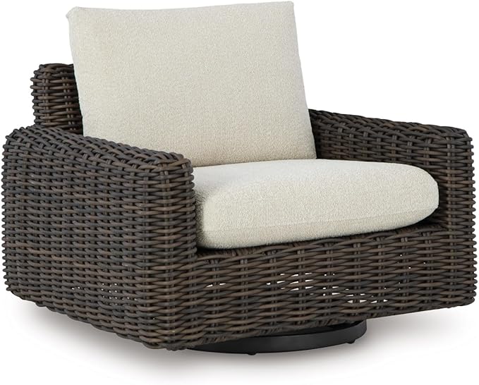 Signature Design by Ashley Kimora Casual Nuvella Weather Resistant Fabric, Resin Wicker Outdoor Swivel Glider Lounge Chair with Removable Cushions, Dark Brown & Beige