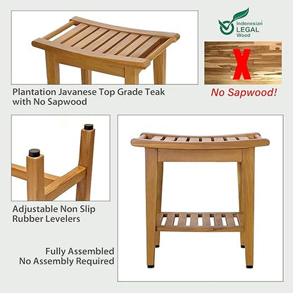 Kasa Solid Teak Indoor Outdoor Shower/Bath/Spa Stool Bench with Bottom Shelf, Fully Assembled, DB-916