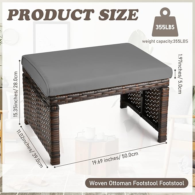 2 Pcs Patio Rattan Ottomans Outdoor Wicker Ottomans Patio Footstool Footrest with Removable Cushion Soft Zippered - Photo 2
