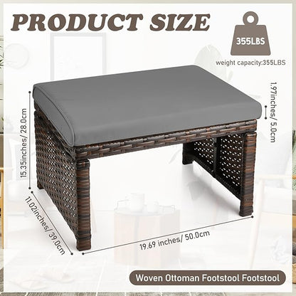 2 Pcs Patio Rattan Ottomans Outdoor Wicker Ottomans Patio Footstool Footrest with Removable Cushion Soft Zippered Cushions Function Footstool Seat Table for Backyard Balcony Poolside(Gray, Black)
