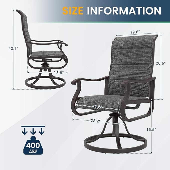 Amopatio Padded Swivel Patio Chairs Set of 6, Outdoor Dining Chairs with Ultra Soft Textilene High Back Seat & Metal Rocker Frame, for Backyard Deck Lawn Garden (Dark Grey)