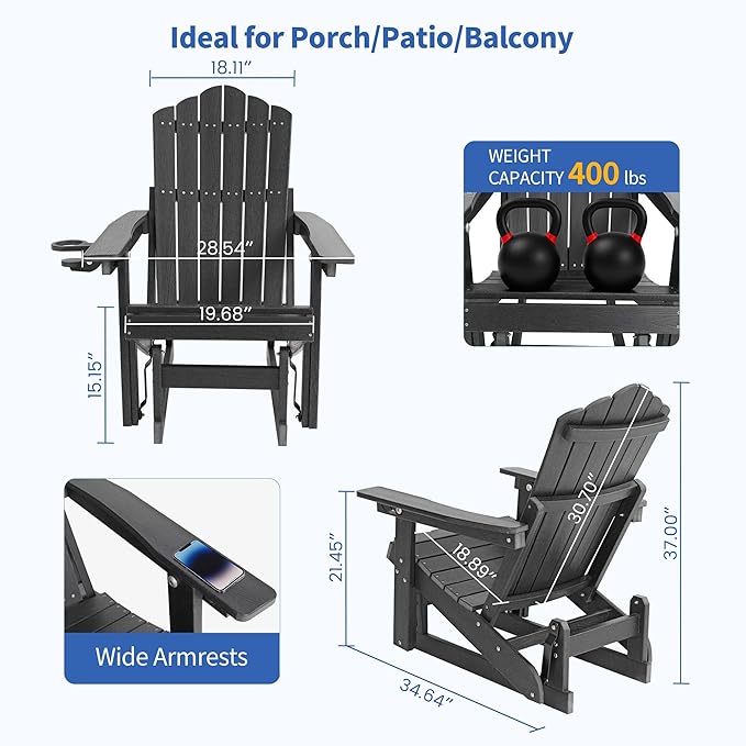 HDPE Outdoor Glider Chair Set of 2,3-Position Adjustable Backrest Patio Glider, All-Weather Glider Rocker Chair with Cup Holders,Porch Glider for Outside,Fire Pit, Poolside,400LBS Capacity (Black)