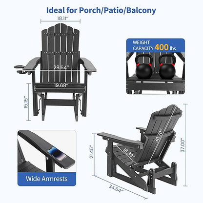 HDPE Outdoor Glider Chair Set of 2,3-Position Adjustable Backrest Patio Glider, All-Weather Glider Rocker Chair with Cup Holders,Porch Glider for Outside,Fire Pit, Poolside,400LBS Capacity (Black)