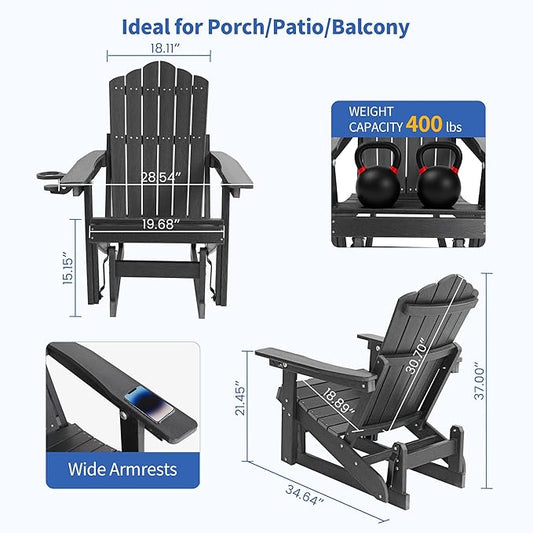 HDPE Outdoor Glider Chair Set of 2,3-Position Adjustable Backrest Patio Glider, All-Weather Glider Rocker Chair with Cup Holders,Porch Glider for Outside,Fire Pit, Poolside,400LBS Capacity (Black)