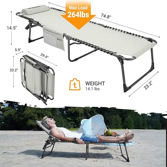#WEJOY Folding Outdoor Chaise Lounge Chair, Adjustable Lightweight Portable Beach Lounge Chair for Patio, Pool, Lawn, Deck, Sunbathing, Camping Reclinging Chair with Pillow and Side Pocket, Grey