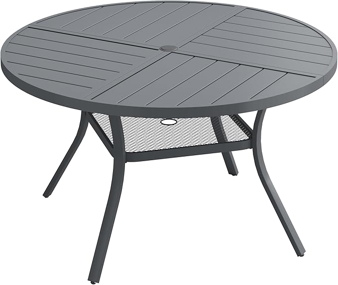 VICLLAX 47.2" Round Patio Dining Table for 4-6, All Weather Metal Outdoor Table with 1.57" Umbrella Hole and Storage Shelf for Garden Lawn Deck, Dark Grey