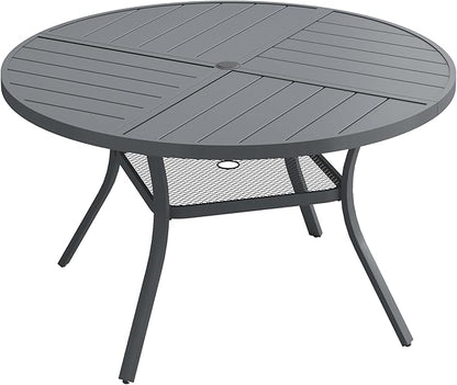VICLLAX 47.2" Round Patio Dining Table for 4-6, All Weather Metal Outdoor Table with 1.57" Umbrella Hole and Storage Shelf for Garden Lawn Deck, Dark Grey
