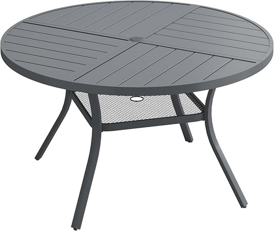 VICLLAX 47.2" Round Patio Dining Table for 4-6, All Weather Metal Outdoor Table with 1.57" Umbrella Hole and Storage Shelf for Garden Lawn Deck, Dark Grey