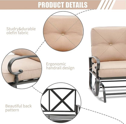 Patio Bench, Porch Glider Outdoor Swing Glider Rocking Loveseat, Steel Frame Chair with Thick Cushion (Brown)