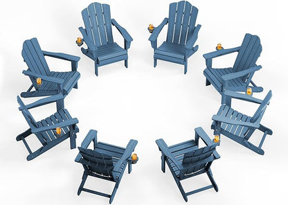 KINGYES Folding Adirondack Chair Set of 8, HDPE All-Weather Patio Chairs with Cup Holder, Wooden Textured Fire Pit Chairs for Poolside, Backyard, Deck, Navy