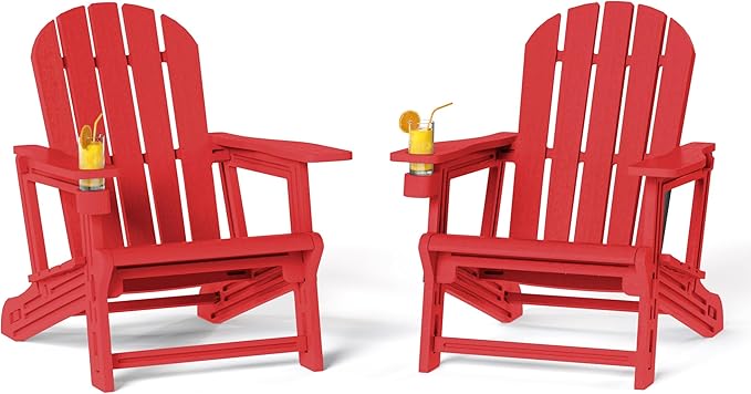 Costaelm Cayman Hardware-Free Assembly Outdoor Patio HDPE Poly Plastic Adirondack Chair with Cup Holder (Set of 2), Red