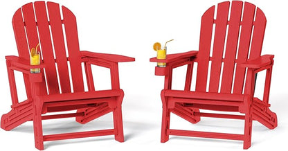 Costaelm Cayman Hardware-Free Assembly Outdoor Patio HDPE Poly Plastic Adirondack Chair with Cup Holder (Set of 2), Red