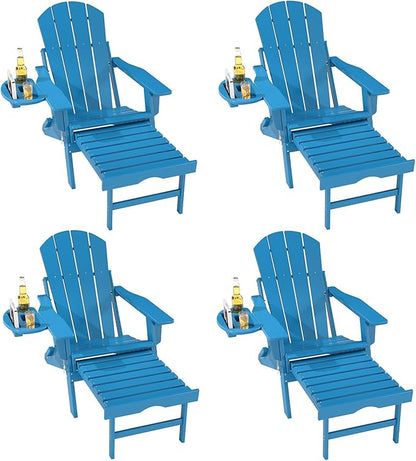 FOOWIN Folding Adjustable Adirondack Chair with Retractable Ottoman Set of 4, HDPE Adirondack Chair w/4 in 1 Cup Holder Trays,All-Weather Resistant Fire Pit Chair for Outdoor Patio Lawn, Pacific Blue