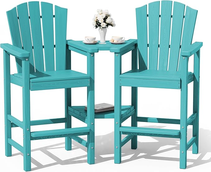 KINGYES Tall Adirondack Chair Set of 4, HDPE Tall Adirondack Barstools with Double Connecting Trays, Embossed Bar Height Adirondack Chair for 2, All Weather Resistant Balcony Adirondack Chairs, Aruba